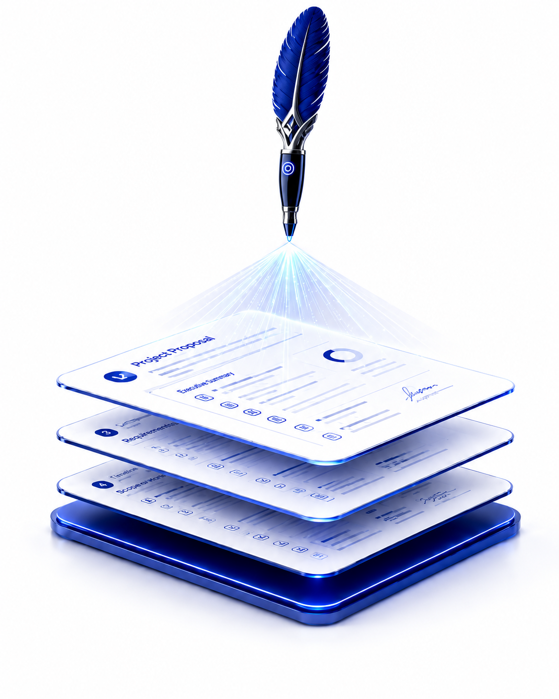 Stacked proposal documents being authored by a quill — BidAuthor's document intelligence layer